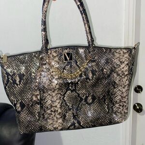Victoria’s Secret Gray Faux Leather Tote Bag Snake Print Gold Chain Zip